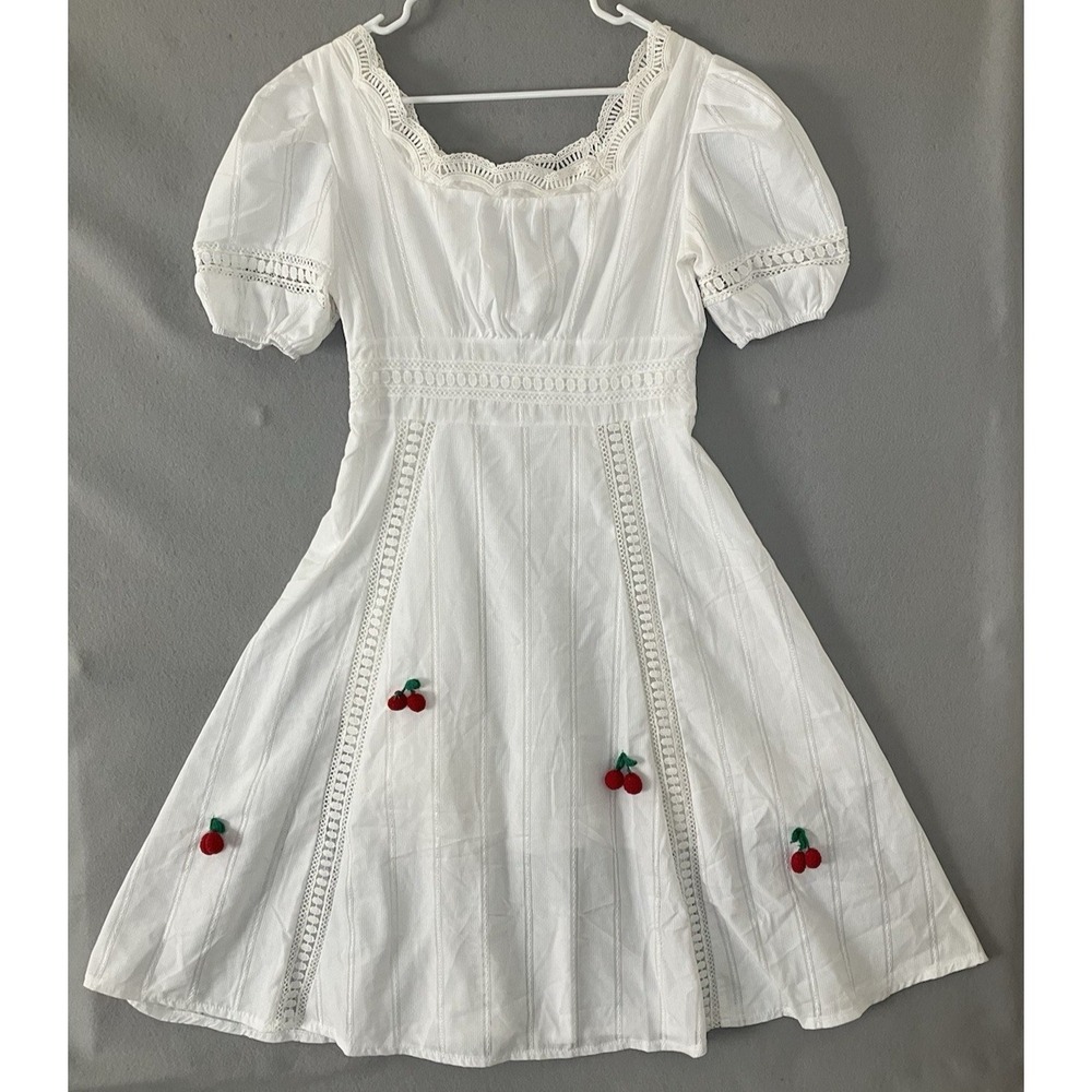 White Cottagecore Coquette Cherry Empire Waist Dress Milkmaid Women's M Dollette